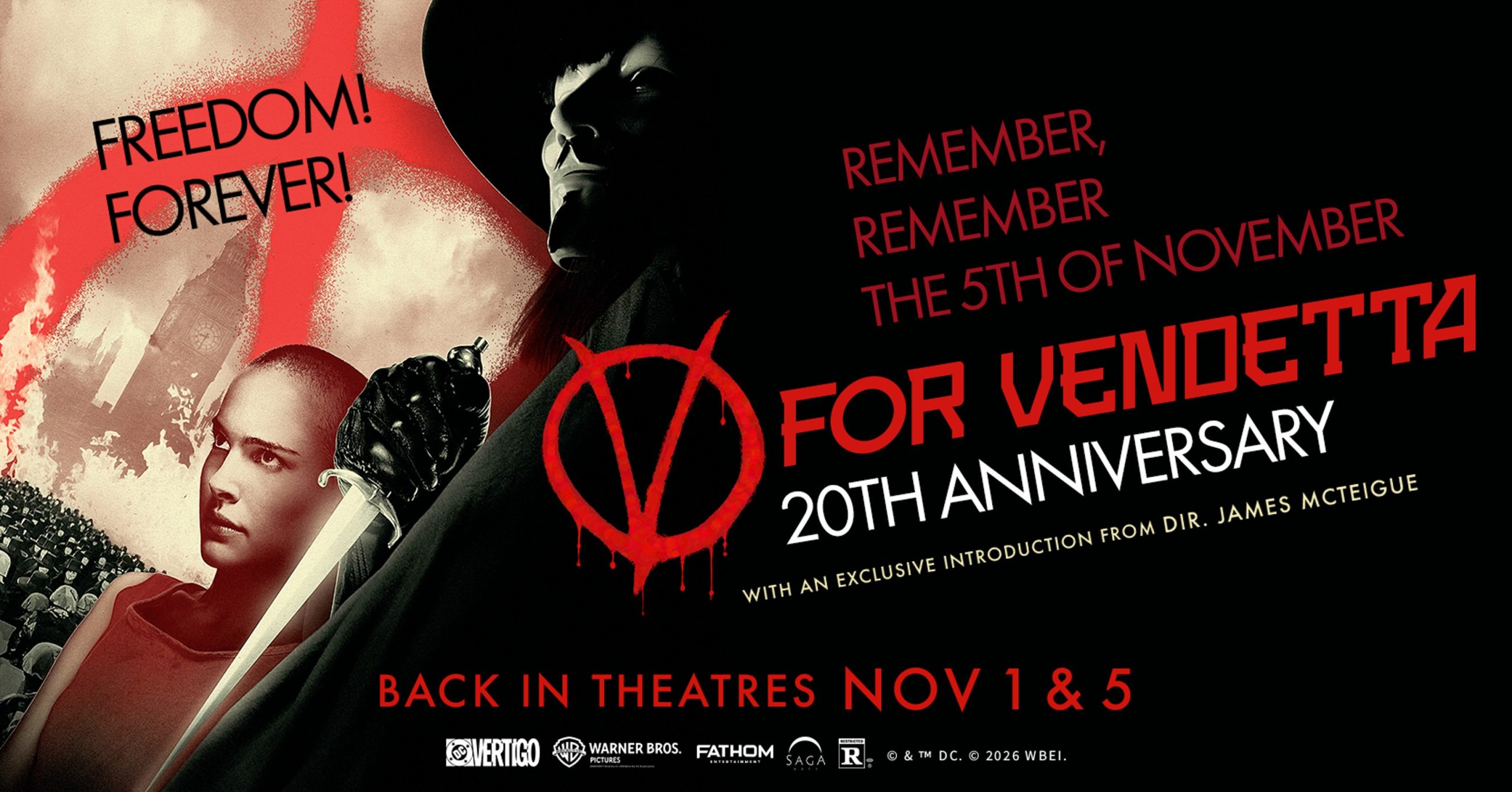 V for Vendetta 20th Anniversary, Returning to Theatres Nationwide November 1 & 5